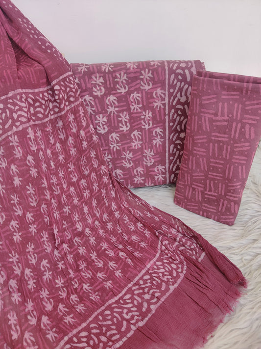 (DABU) COTTON SUIT WITH PURE CHIFFON DUPATTA