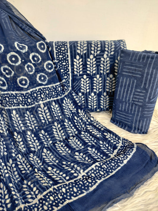 (DABU) COTTON SUIT WITH PURE CHIFFON DUPATTA
