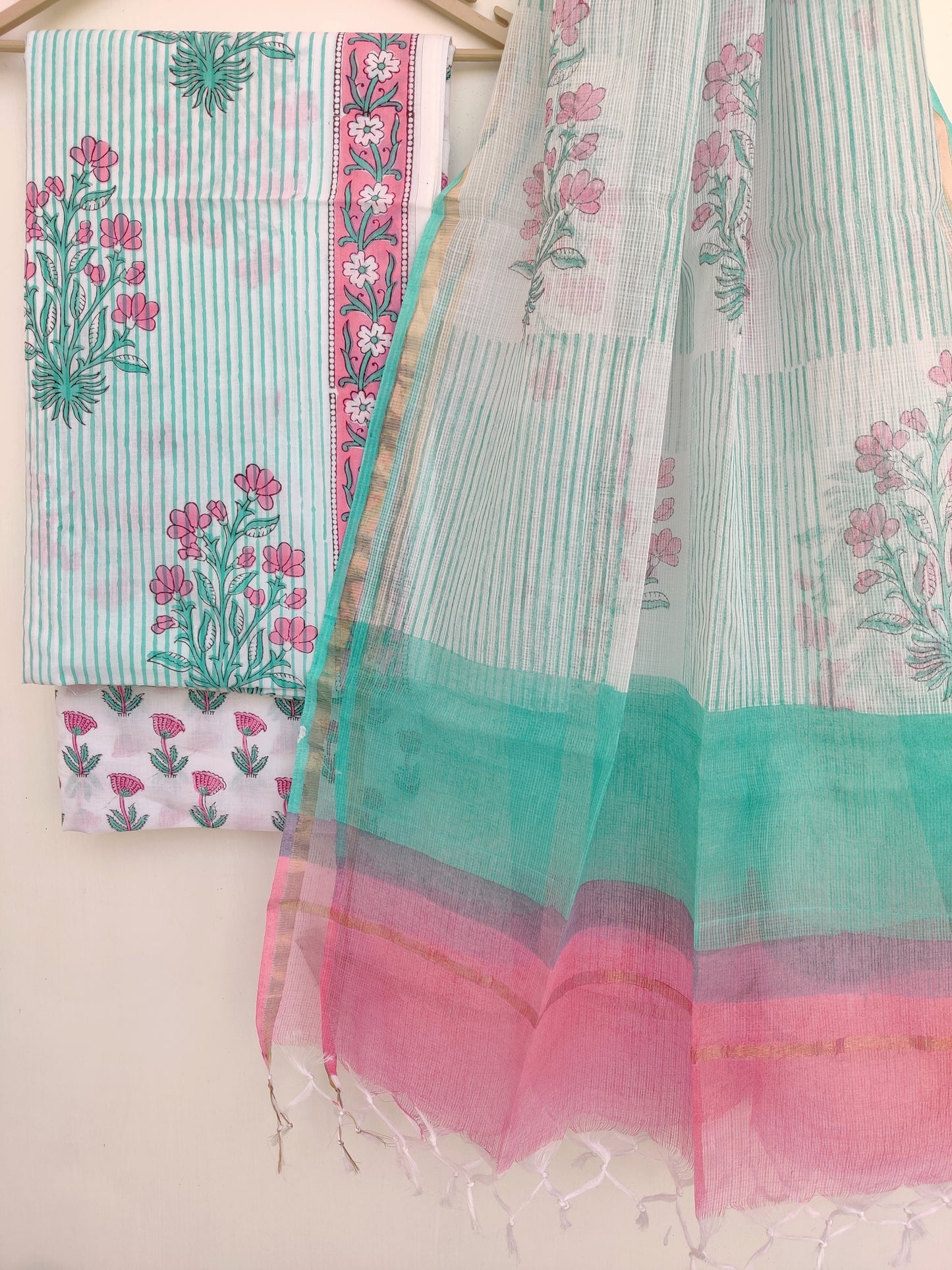 Hand Block Printed Cotton Suit with Cotton Kota Doria dupatta