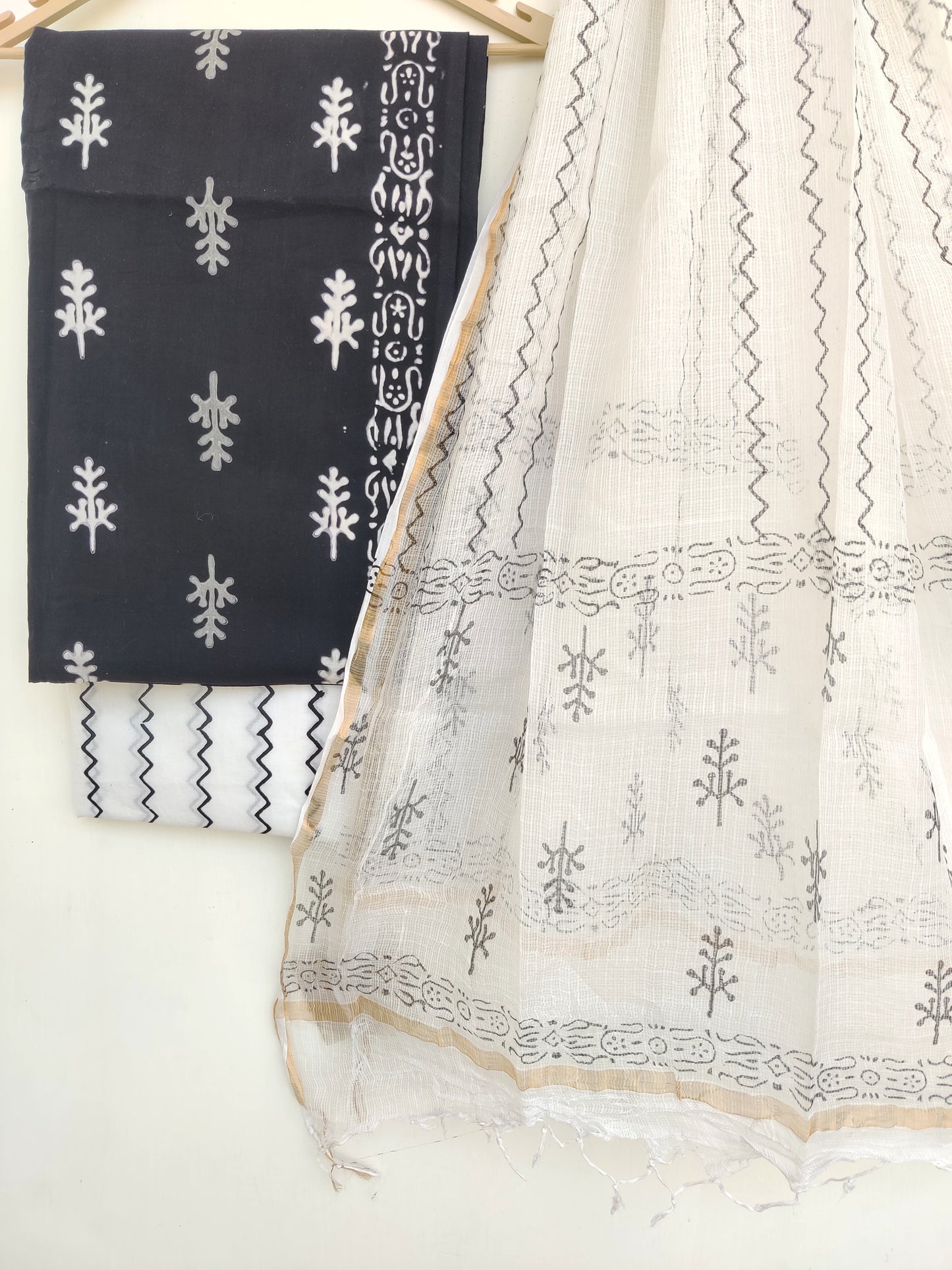 (Black & White) Hand Block Printed Cotton Suit with Cotton Kota Doria dupatta
