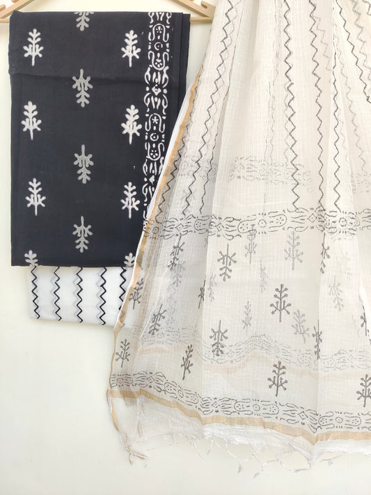 (Black & White) Hand Block Printed Cotton Suit with Cotton Kota Doria dupatta
