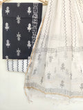 (Black & White) Hand Block Printed Cotton Suit with Cotton Kota Doria dupatta