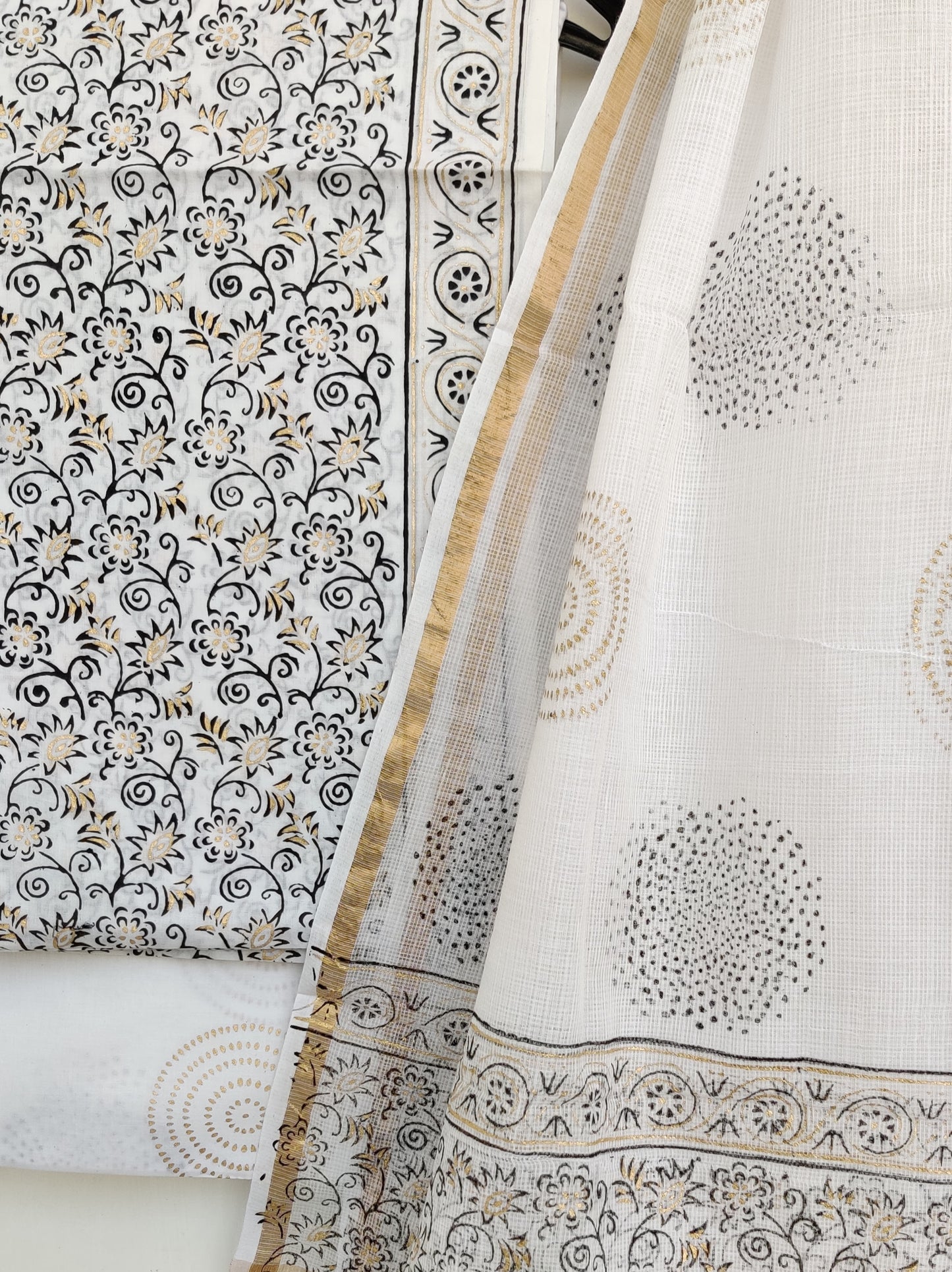 (Khadi Gold) Hand Block Printed Cotton Suit with Cotton Kota Doria dupatta