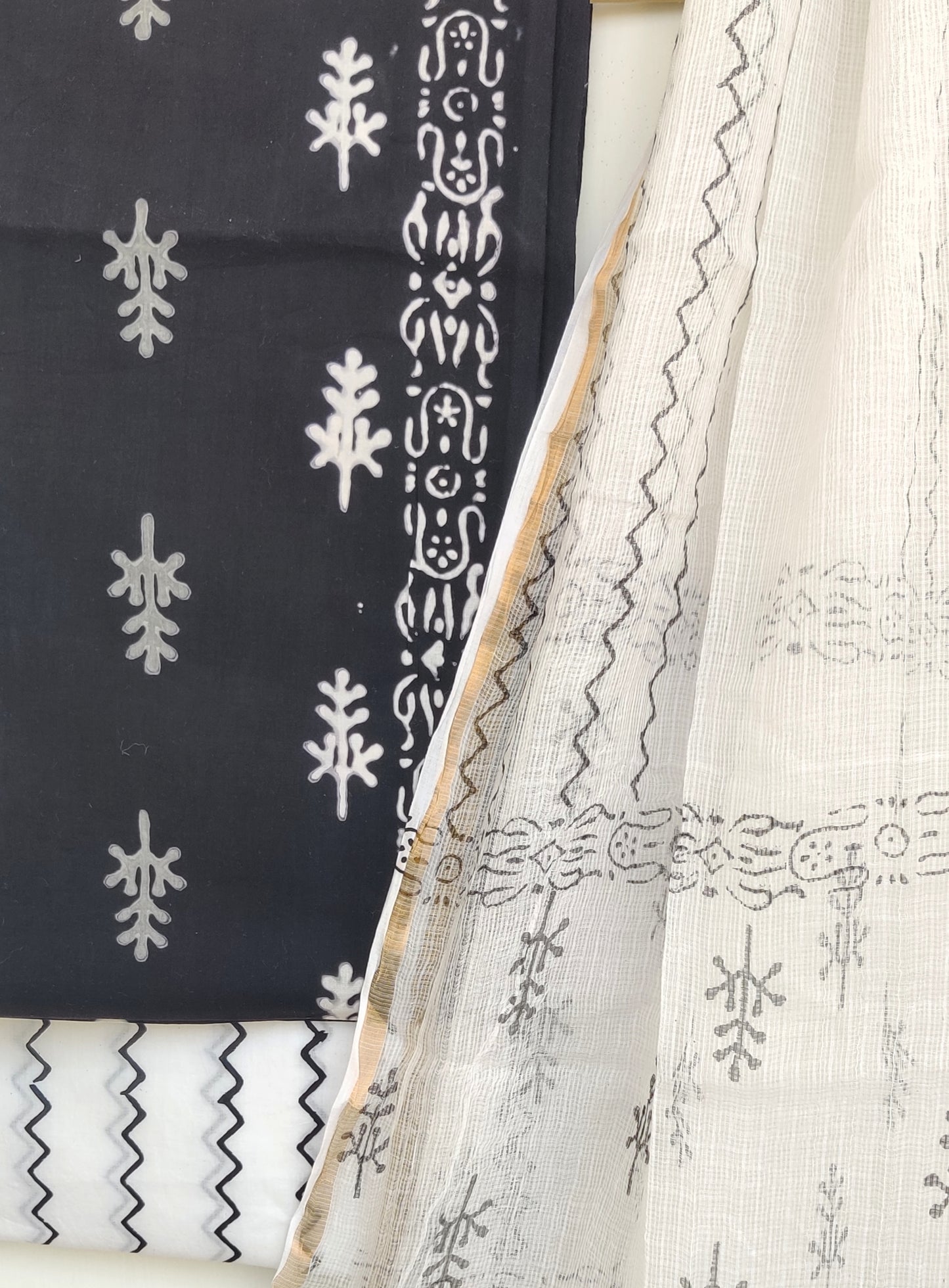 (Black & White) Hand Block Printed Cotton Suit with Cotton Kota Doria dupatta