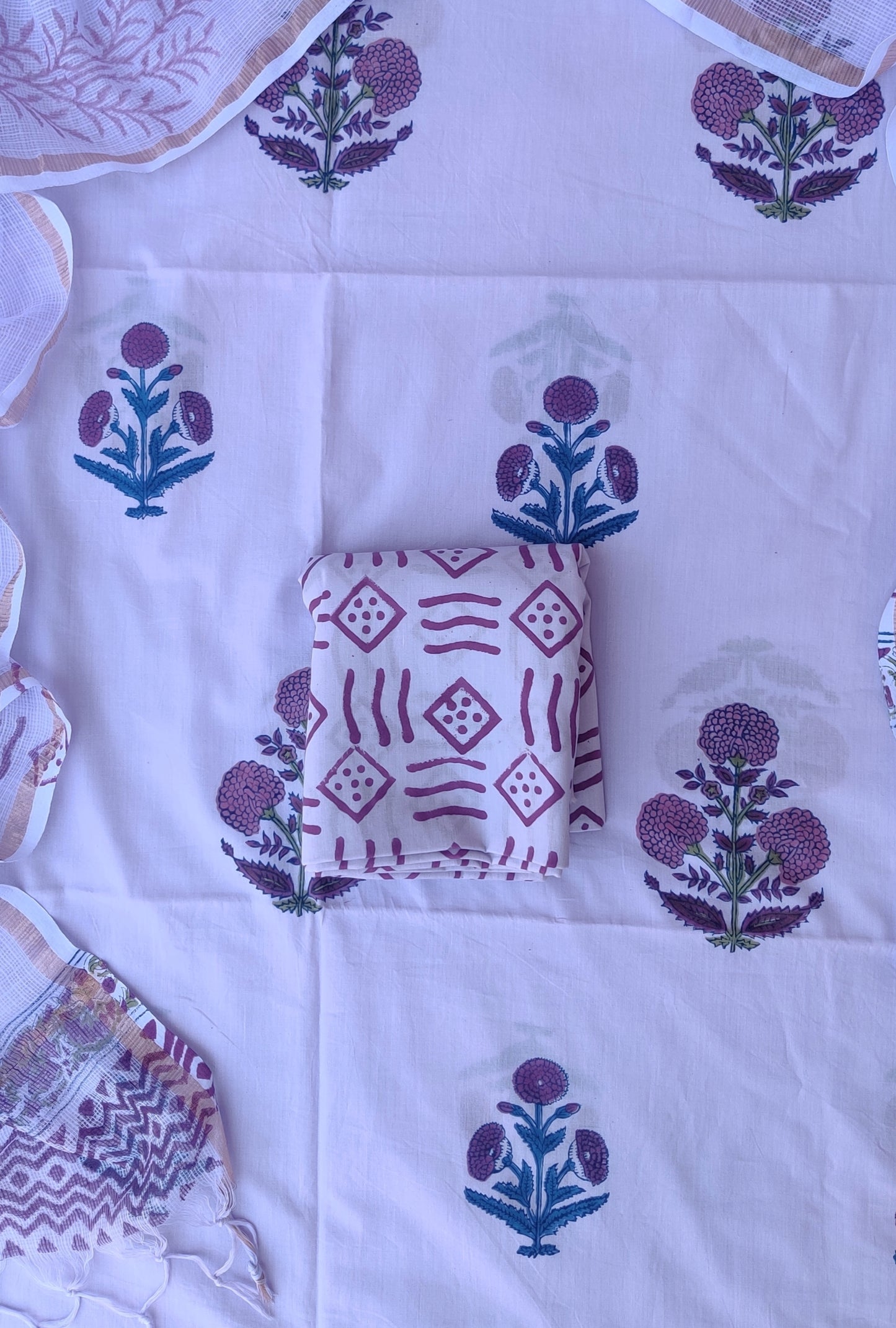Hand Block Printed Cotton Suit with Cotton Kota Doria dupatta