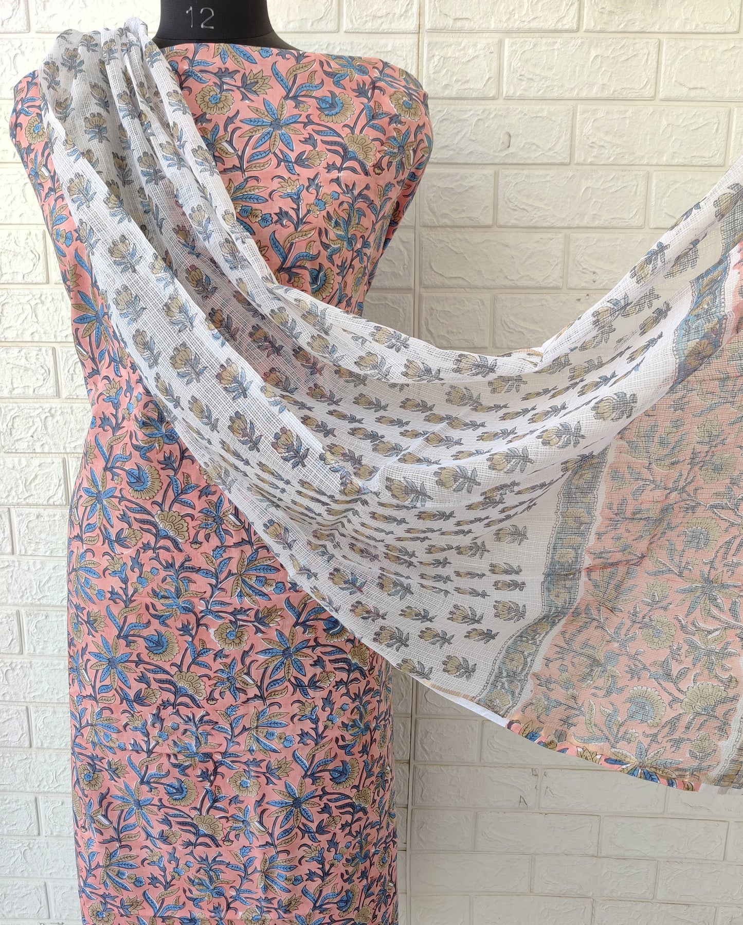 (All over) Hand Block Printed Cotton Suit with Cotton Kota Doria dupatta