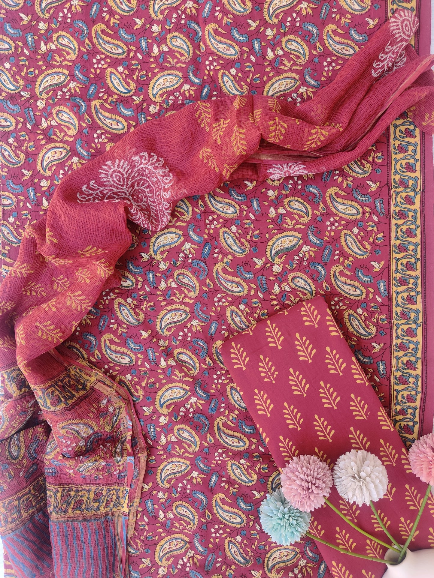 Hand Block Printed Cotton Suit with Cotton Kota Doria dupatta