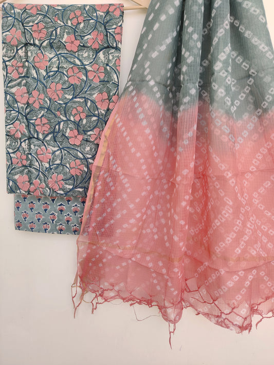 BLOCK PRINTED COTTON SUIT WITH LEHRIYA KOTA DORIA DUPATTA