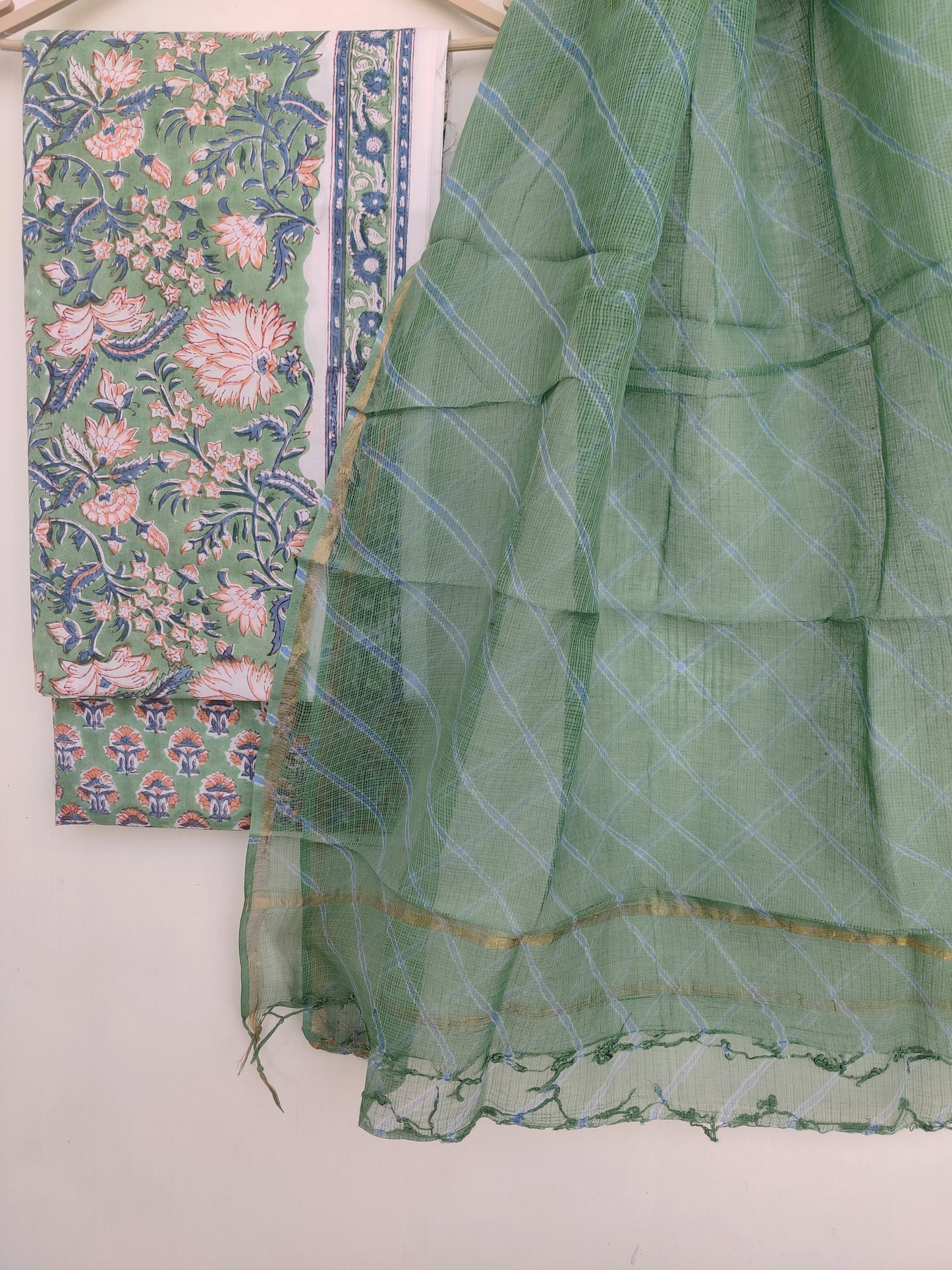 BLOCK PRINTED COTTON SUIT WITH LEHRIYA KOTA DORIA DUPATTA
