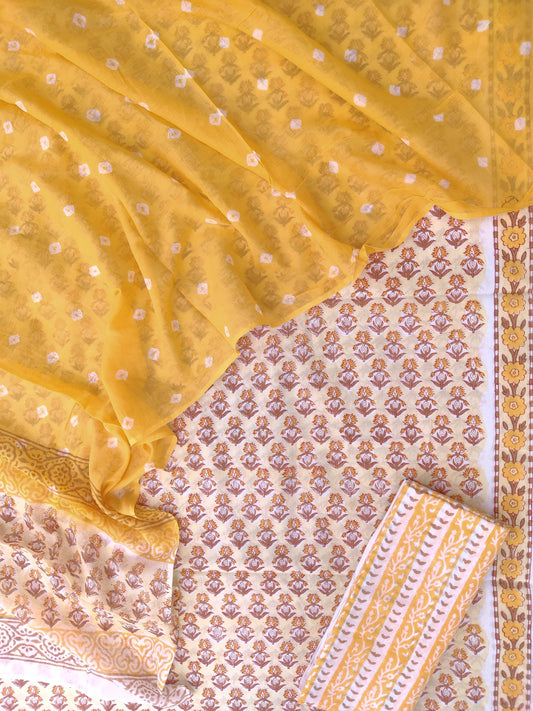 Hand Block Printed Cotton Suits with Mulmul Bandhej Dupatta