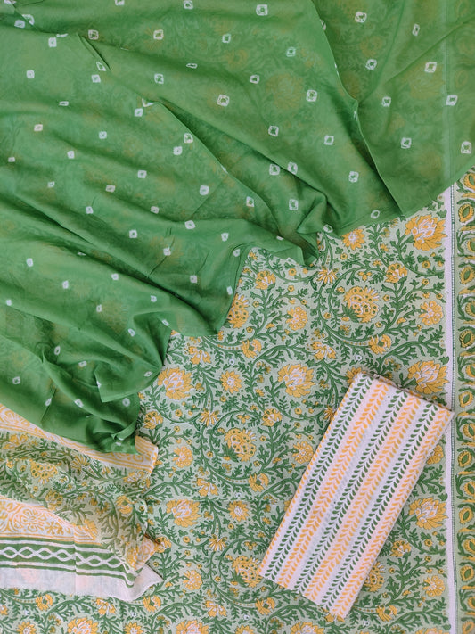 Hand Block Printed Cotton Suits with Mulmul Bandhej Dupatta