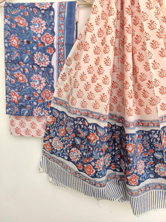 Hand Block Printed Unstitched Cotton Suit with Mulmul Dupatta