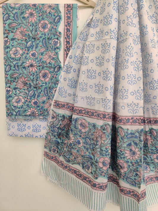 Hand Block Printed Unstitched Cotton Suit with Mulmul Dupatta