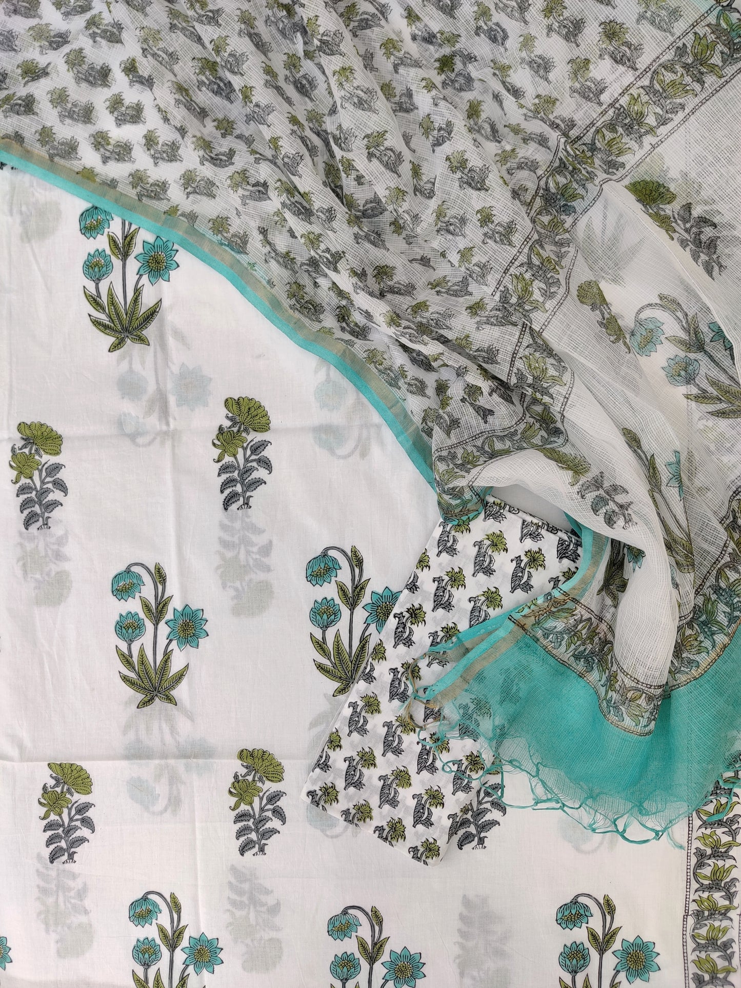 Hand Block Printed Cotton Suit with Cotton Kota Doria dupatta