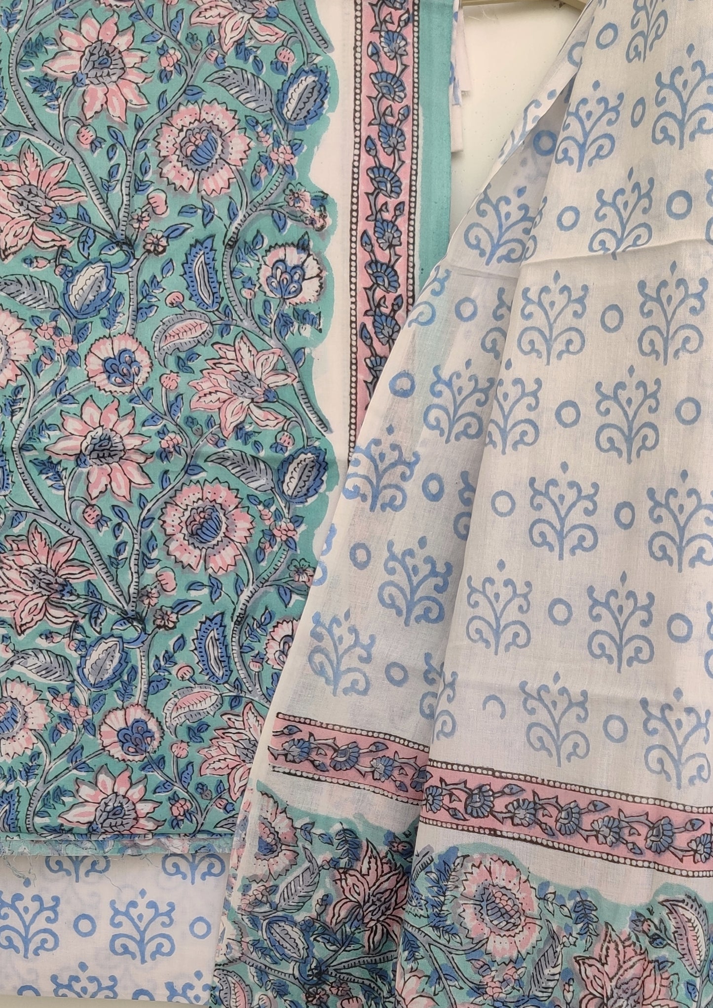 Hand Block Printed Unstitched Cotton Suit with Mulmul Dupatta