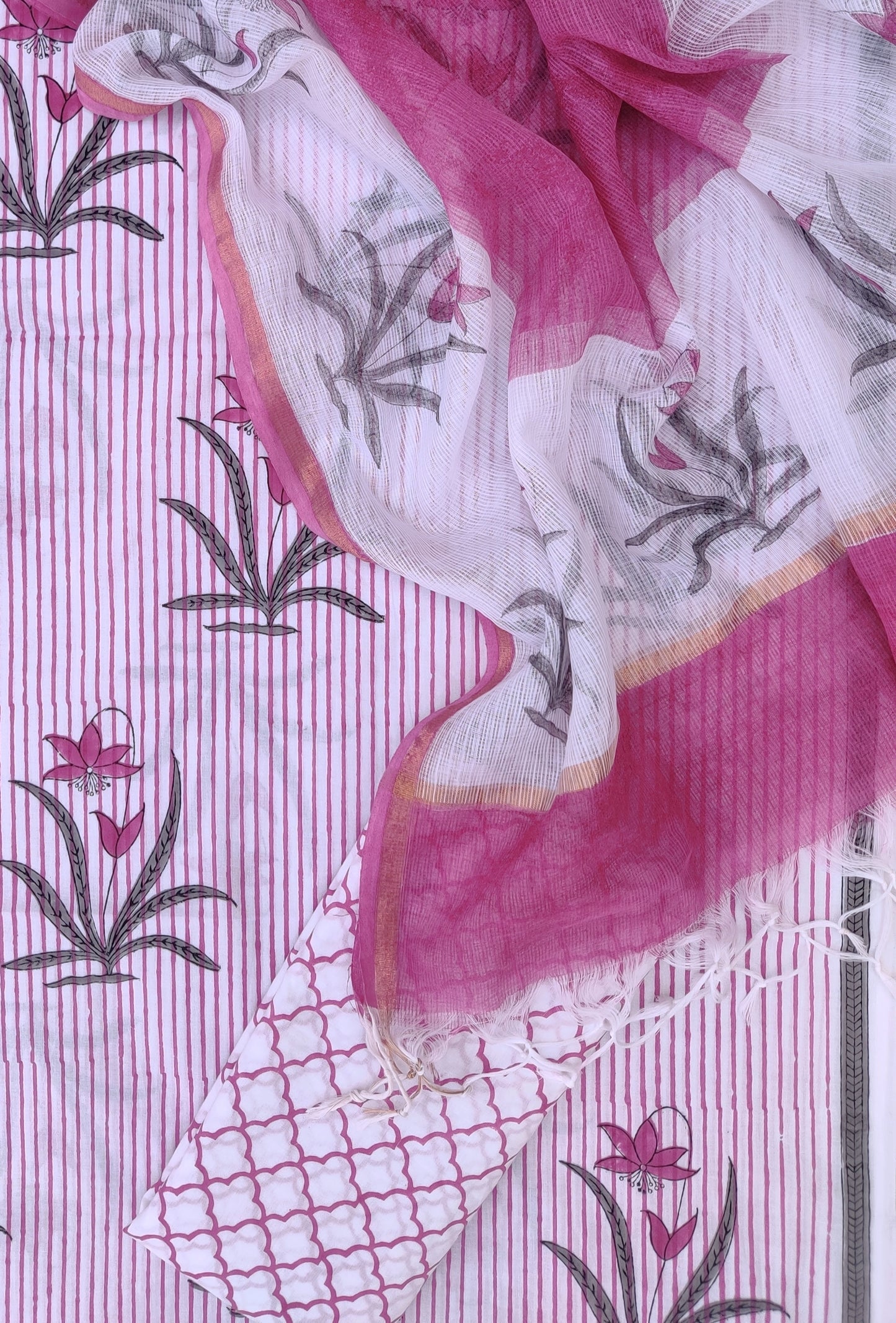 Hand Block Printed Cotton Suit with Cotton Kota Doria dupatta