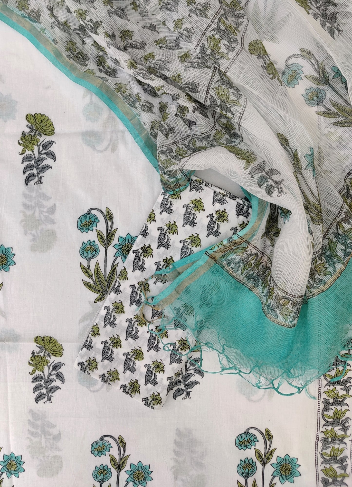 Hand Block Printed Cotton Suit with Cotton Kota Doria dupatta