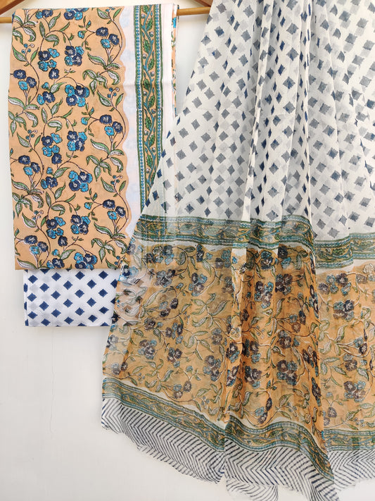 (SALE) HAND BLOCK PRINTED COTTON SUIT WITH PURE CHIFFON DUPATTA