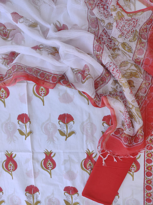 Hand Block Printed Cotton Suit with Cotton Kota Doria dupatta
