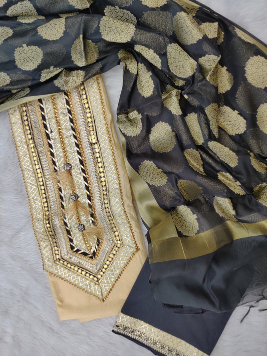(SALE) HANDBLOCK PRINTED NECK WORK SUITS WITH BANARASI SILK DUPATTA