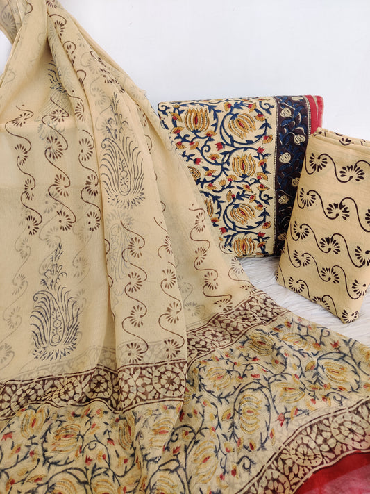 (KALAMKARI) HAND BLOCK PRINTED COTTON SUIT WITH PURE CHIFFON DUPATTA