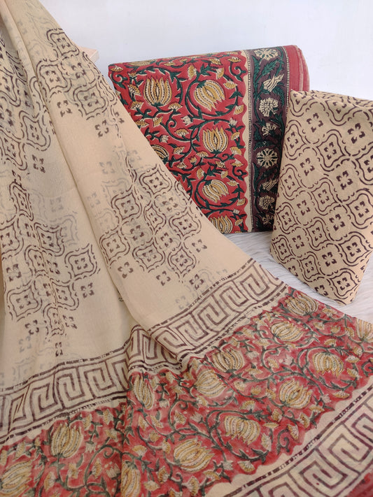 (KALAMKARI) HAND BLOCK PRINTED COTTON SUIT WITH PURE CHIFFON DUPATTA