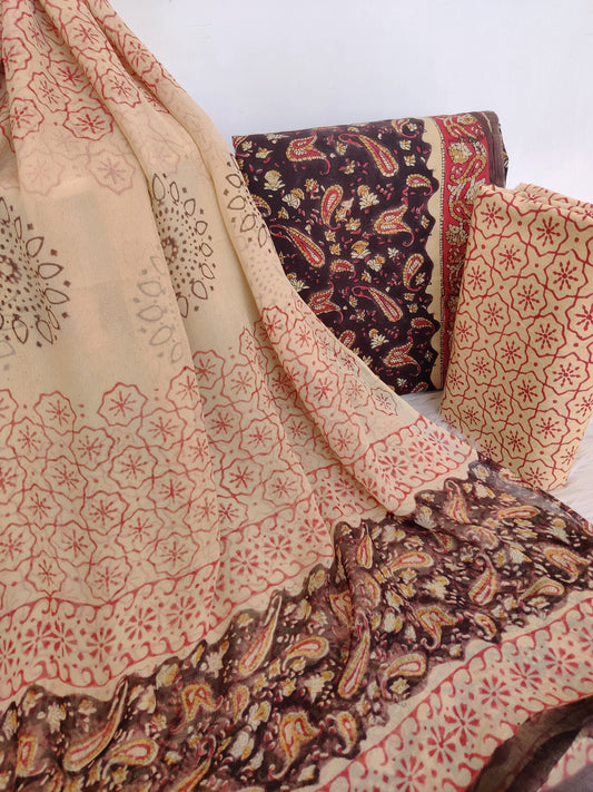 (KALAMKARI) HAND BLOCK PRINTED COTTON SUIT WITH PURE CHIFFON DUPATTA