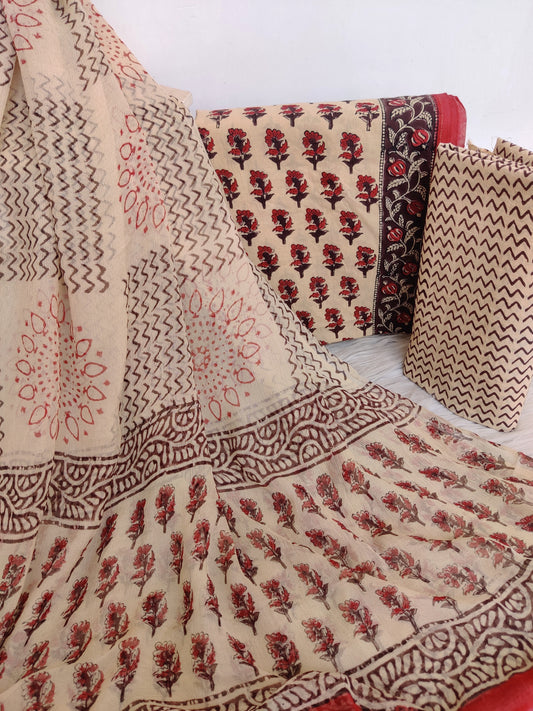 (KALAMKARI) HAND BLOCK PRINTED COTTON SUIT WITH PURE CHIFFON DUPATTA