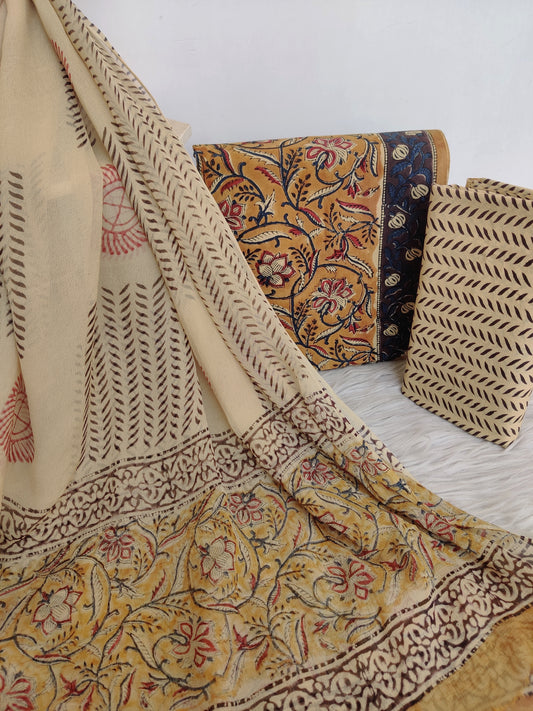 (KALAMKARI) HAND BLOCK PRINTED COTTON SUIT WITH PURE CHIFFON DUPATTA