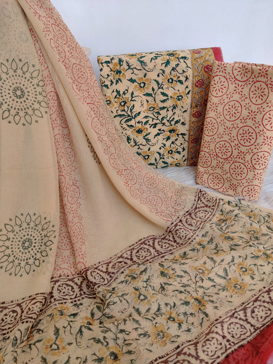 (KALAMKARI) HAND BLOCK PRINTED COTTON SUIT WITH PURE CHIFFON DUPATTA