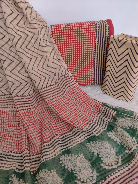 (KALAMKARI) HAND BLOCK PRINTED COTTON SUIT WITH PURE CHIFFON DUPATTA