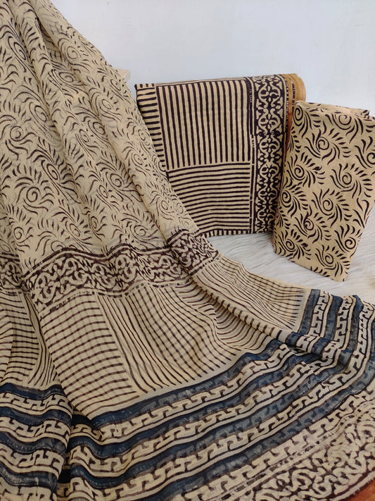 (KALAMKARI) HAND BLOCK PRINTED COTTON SUIT WITH PURE CHIFFON DUPATTA