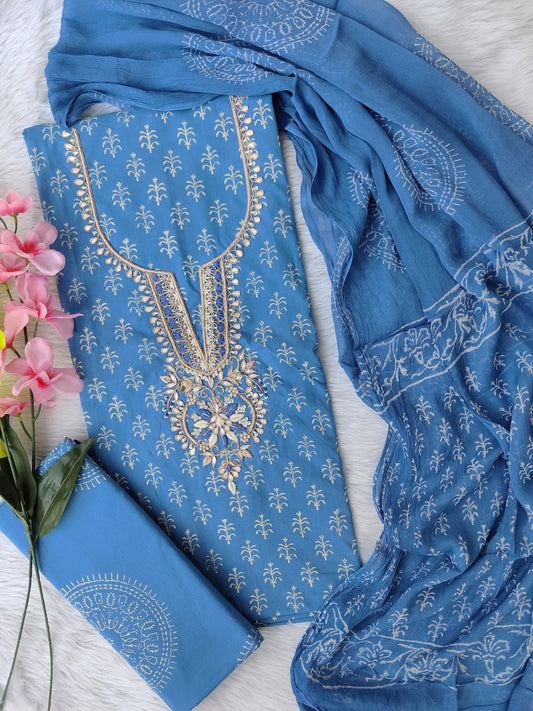 FLORAL PRINTED COTTON GOTA PATTI SUIT WITH CHIFFON DUPATTA