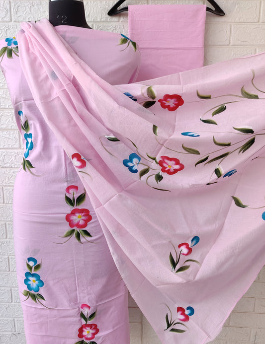 HAND-PAINTED COTTON UNSTICHED SUIT SET WITH MULMUL DUPATTA