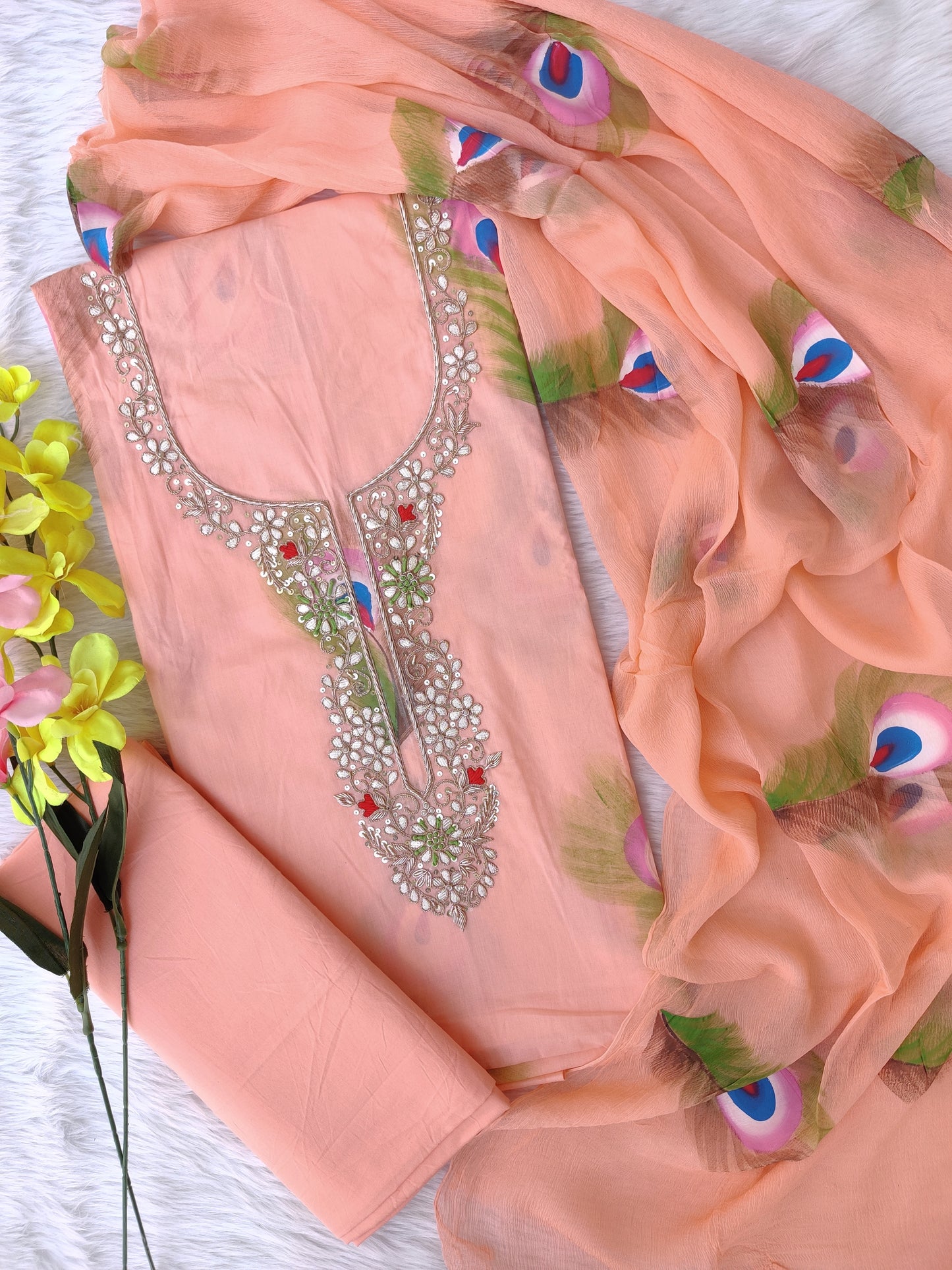 FLORAL PRINTED COTTON GOTA PATTI SUIT WITH CHIFFON DUPATTA