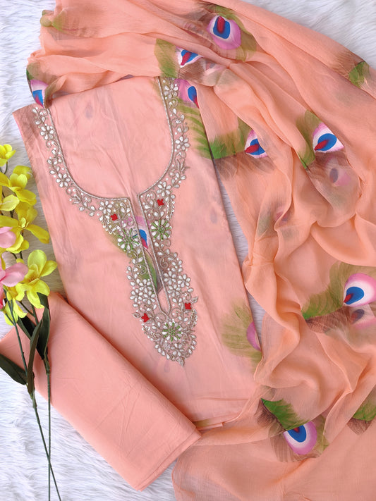 FLORAL PRINTED COTTON GOTA PATTI SUIT WITH CHIFFON DUPATTA