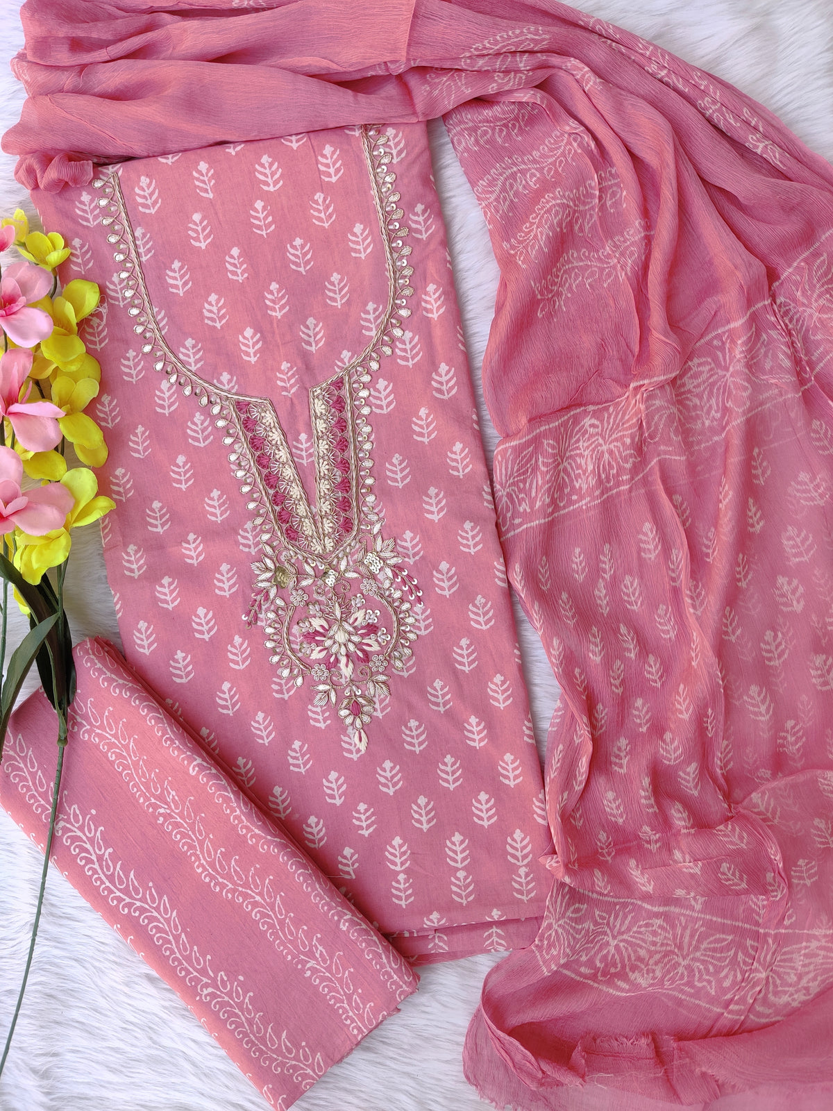FLORAL PRINTED COTTON GOTA PATTI SUIT WITH CHIFFON DUPATTA
