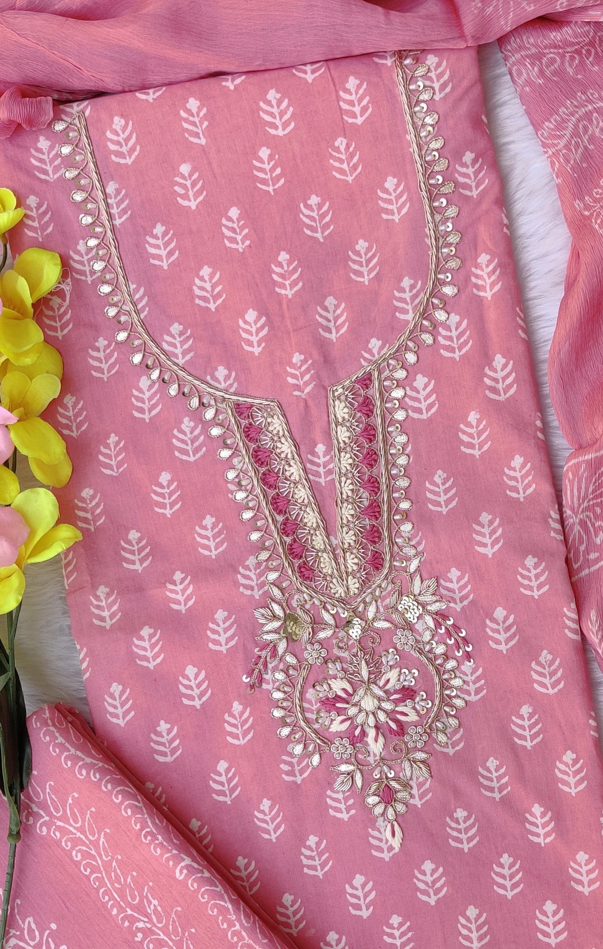 FLORAL PRINTED COTTON GOTA PATTI SUIT WITH CHIFFON DUPATTA