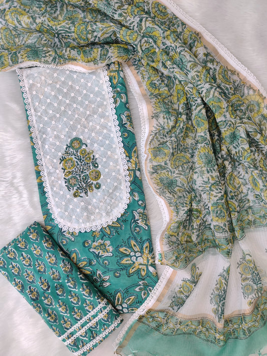HANDBLOCK PRINTED BOOTA PRINT WORK SUITS WITH KOTA DORIA DUPATTA