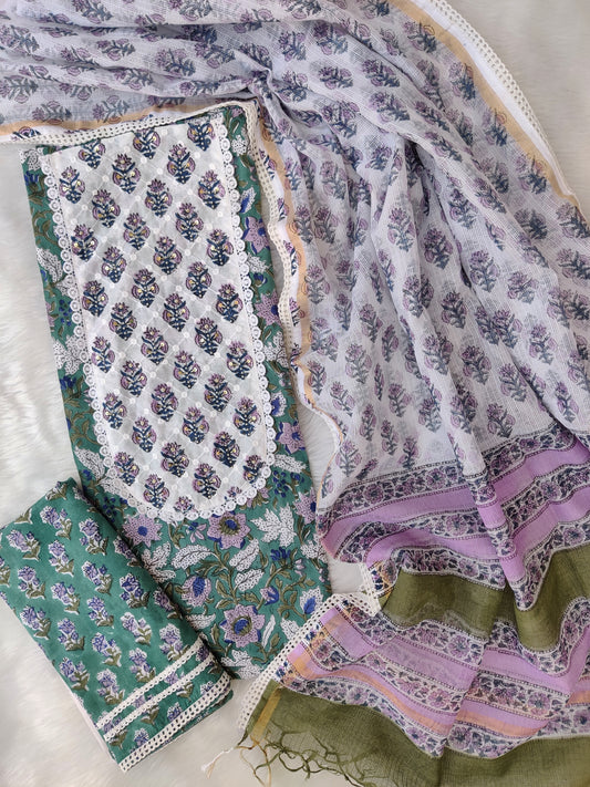 HANDBLOCK PRINTED BOOTA PRINT WORK SUITS WITH KOTA DORIA DUPATTA