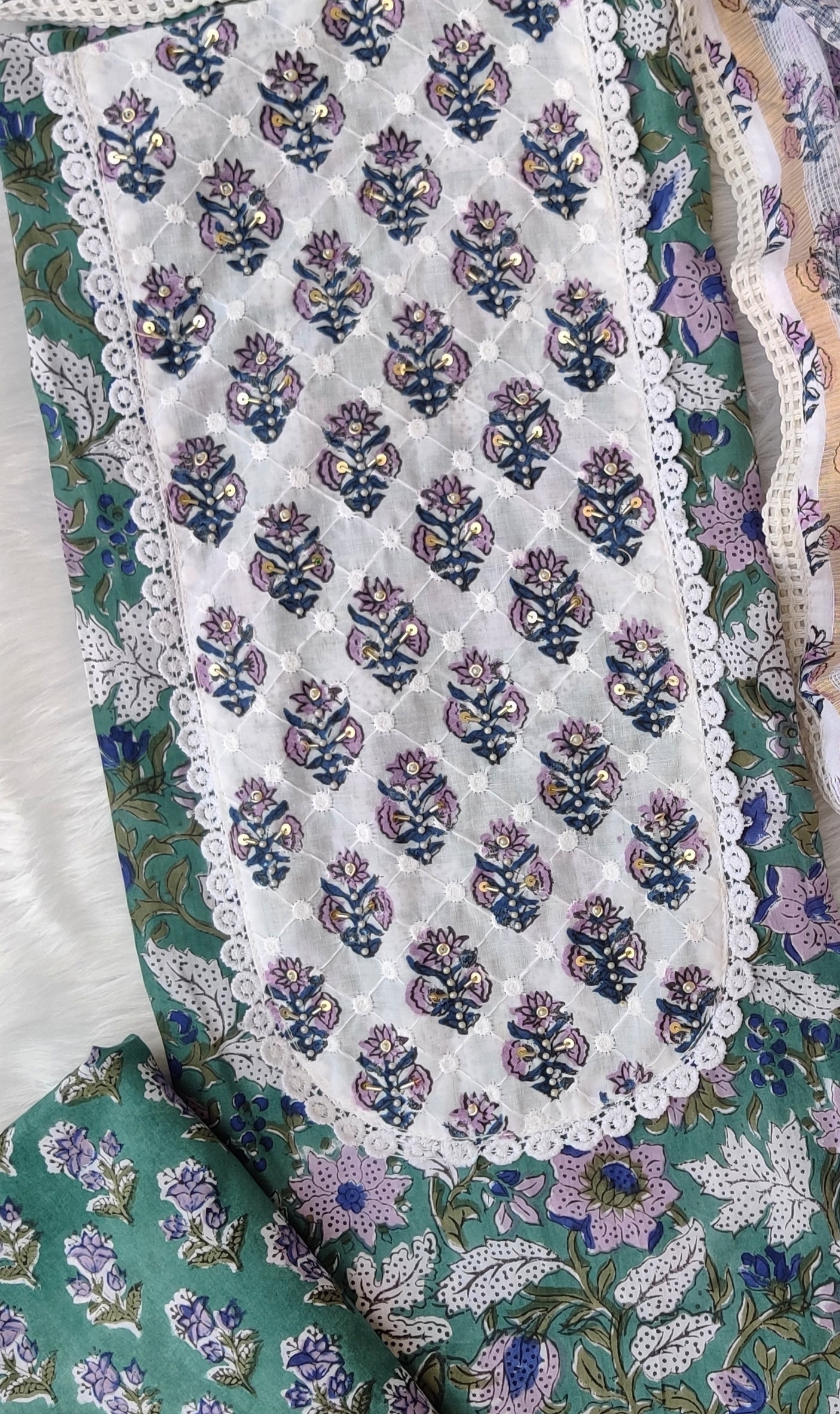 HANDBLOCK PRINTED BOOTA PRINT WORK SUITS WITH KOTA DORIA DUPATTA