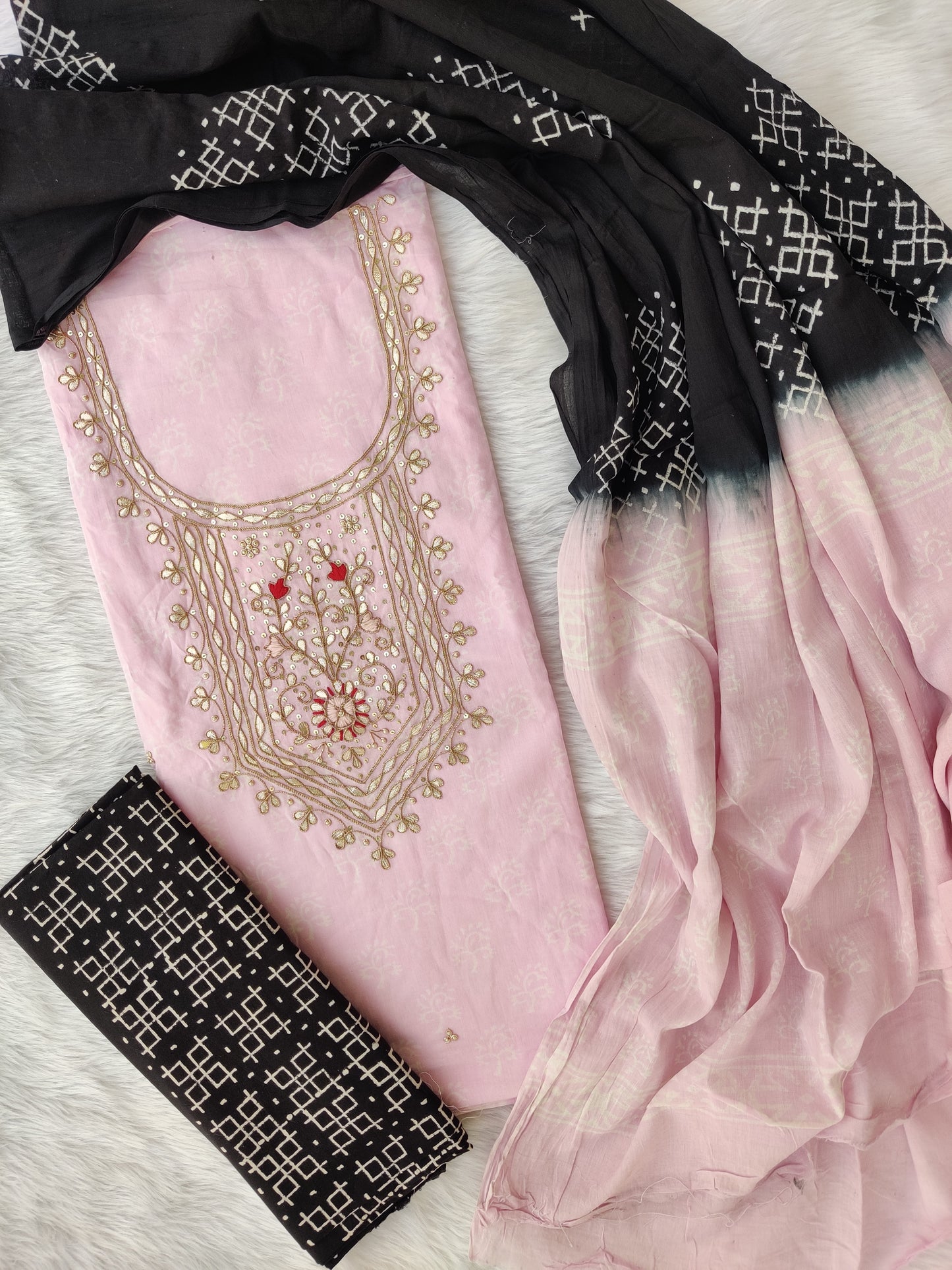 FLORAL PRINTED COTTON GOTA PATTI SUIT WITH COTTON DUPATTA