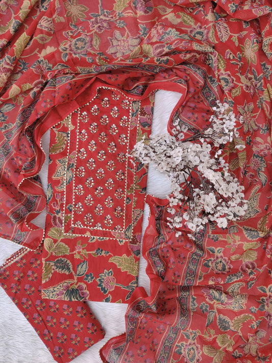 Exclusive Cotton Printed Neck Work Suits with mulmul dupatta