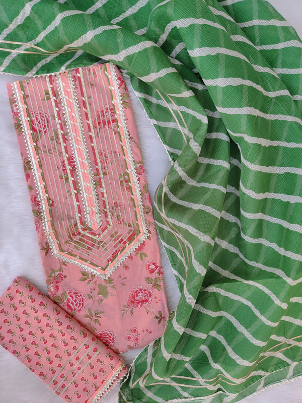HANDBLOCK PRINTED GOTA PATTI LACE WORK SUITS WITH KOTA DORIA DUPATTA