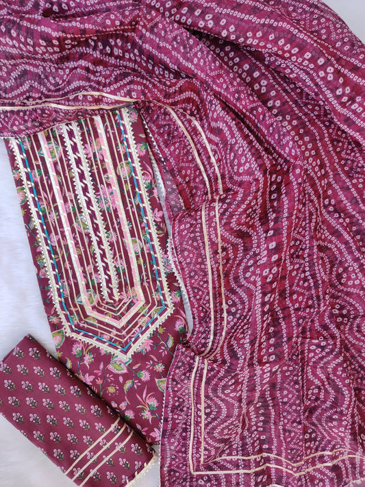 HANDBLOCK PRINTED GOTA PATTI LACE WORK SUITS WITH KOTA DORIA DUPATTA
