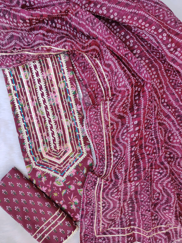 HANDBLOCK PRINTED GOTA PATTI LACE WORK SUITS WITH KOTA DORIA DUPATTA