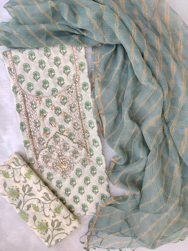 HANDBLOCK PRINTED GOTA PATTI NECK WORK SUITS WITH LEHRIYA KOTA DORIA DUPATTA