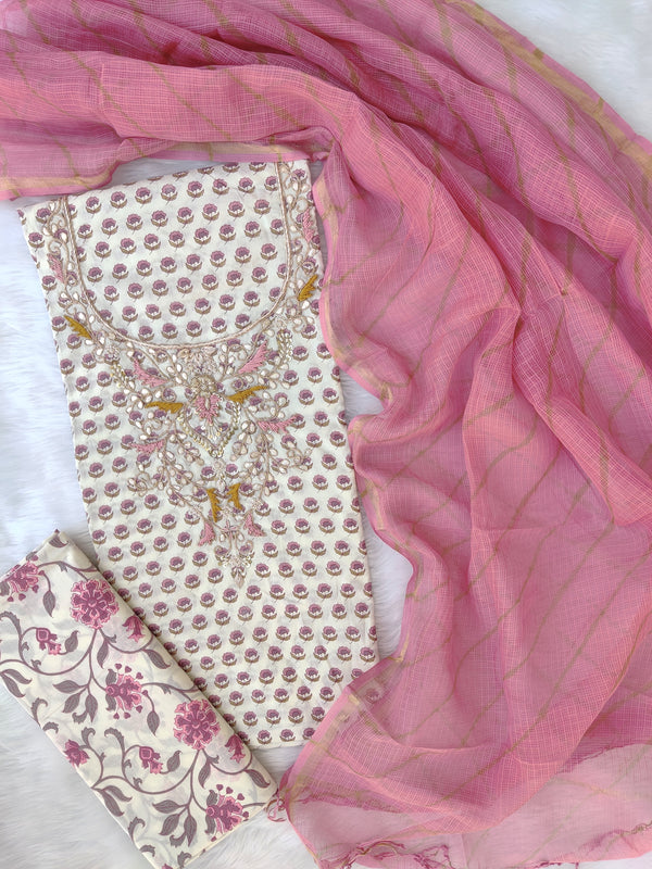 HANDBLOCK PRINTED GOTA PATTI NECK WORK SUITS WITH LEHRIYA KOTA DORIA DUPATTA