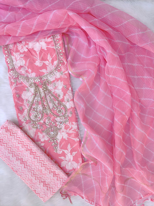 HANDBLOCK PRINTED GOTA PATTI NECK WORK SUITS WITH LEHRIYA KOTA DORIA DUPATTA