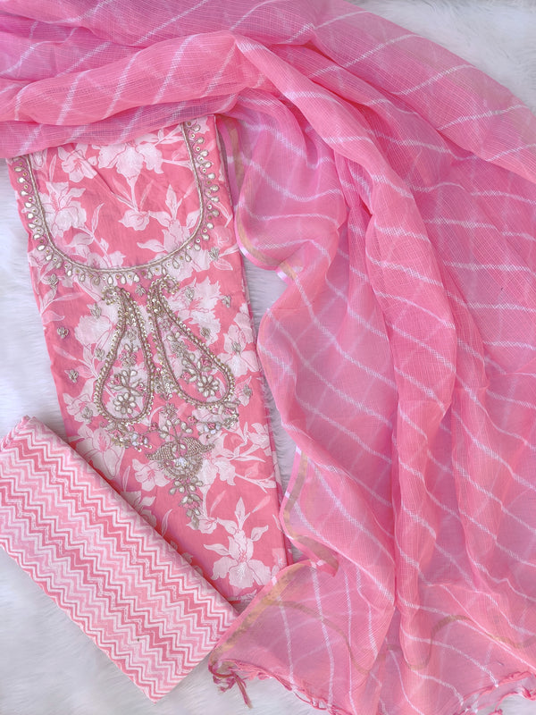 HANDBLOCK PRINTED GOTA PATTI NECK WORK SUITS WITH LEHRIYA KOTA DORIA DUPATTA